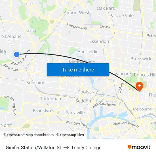 Ginifer Station/Willaton St to Trinity College map