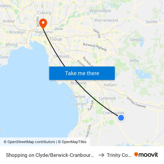 Shopping on Clyde/Berwick-Cranbourne Rd (Clyde) to Trinity College map