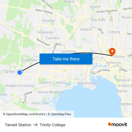 Tarneit Station to Trinity College map