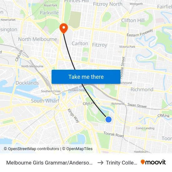 Melbourne Girls Grammar/Anderson St to Trinity College map