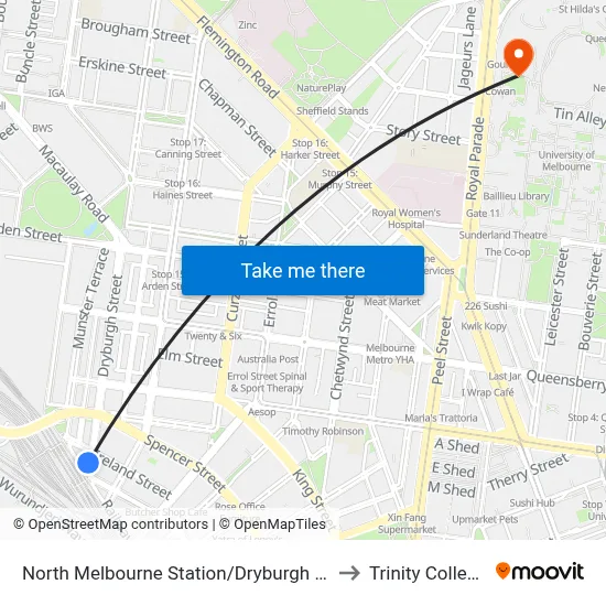 North Melbourne Station/Dryburgh St to Trinity College map