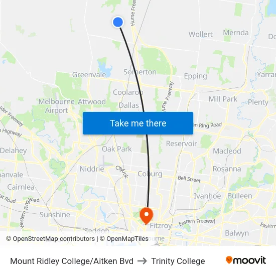 Mount Ridley College/Aitken Bvd to Trinity College map