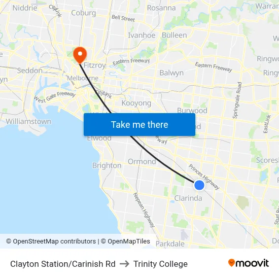 Clayton Station/Carinish Rd to Trinity College map
