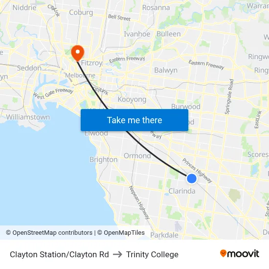 Clayton Station/Clayton Rd to Trinity College map