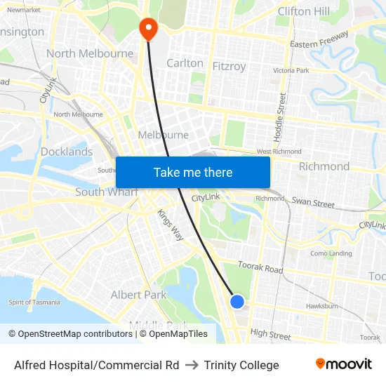 Alfred Hospital/Commercial Rd to Trinity College map