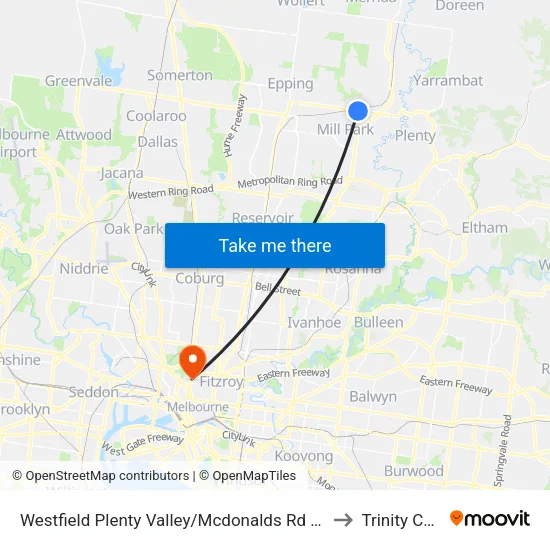 Westfield Plenty Valley/Mcdonalds Rd to Trinity College map
