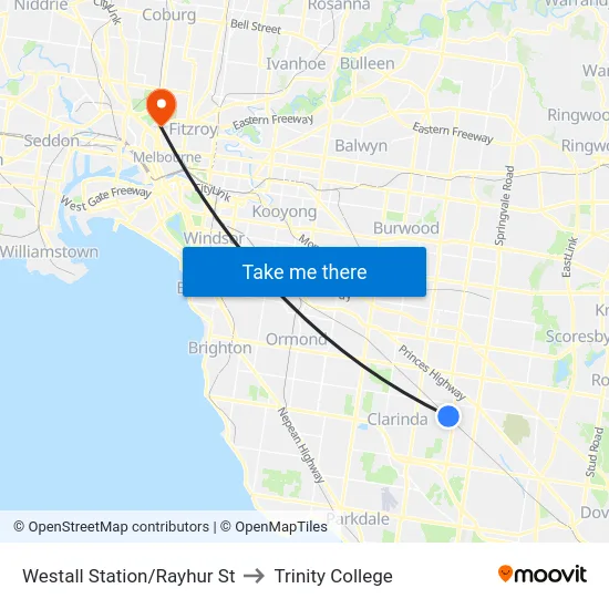 Westall Station/Rayhur St to Trinity College map