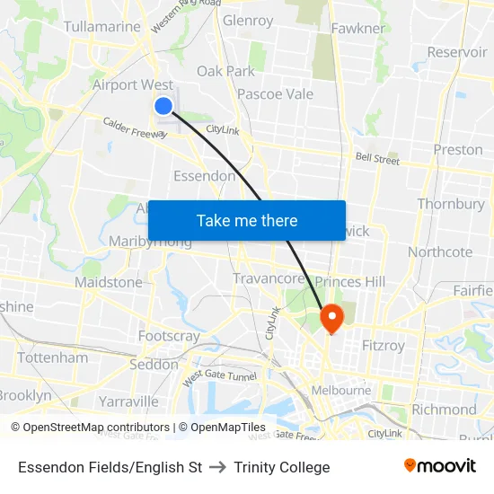 Essendon Fields/English St to Trinity College map