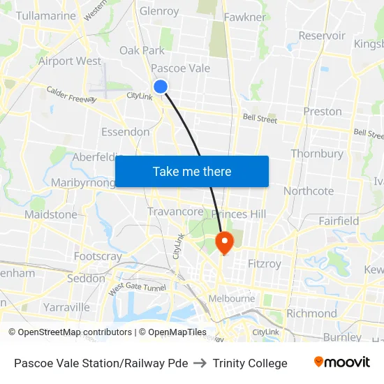 Pascoe Vale Station/Railway Pde to Trinity College map