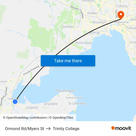 Ormond Rd/Myers St to Trinity College map