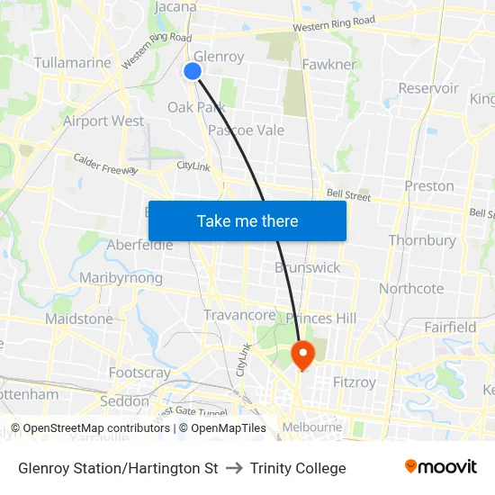 Glenroy Station/Hartington St to Trinity College map