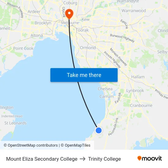Mount Eliza Secondary College to Trinity College map