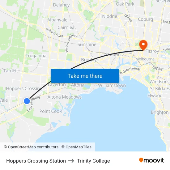Hoppers Crossing Station to Trinity College map