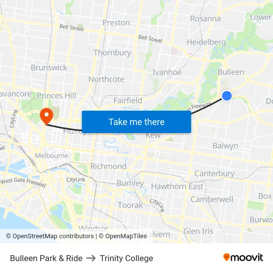 Bulleen Park & Ride to Trinity College map
