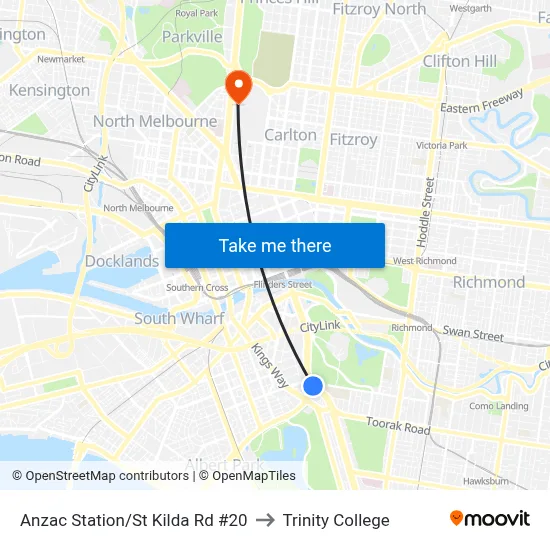 Anzac Station/St Kilda Rd #20 to Trinity College map