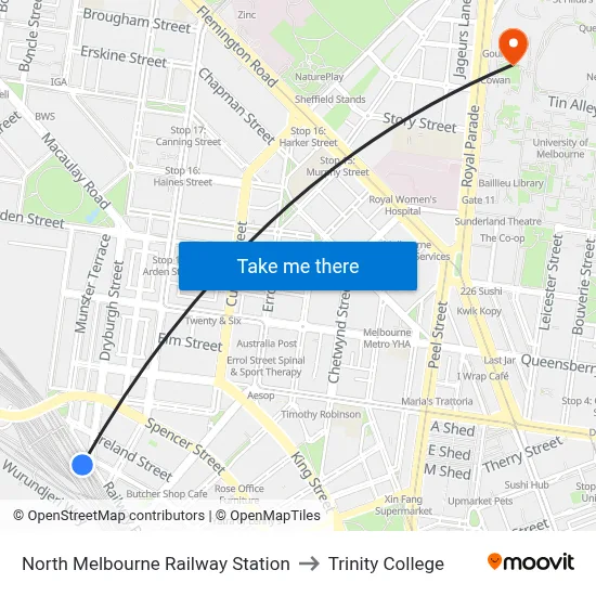 North Melbourne Railway Station to Trinity College map