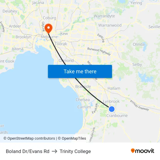 Boland Dr/Evans Rd to Trinity College map