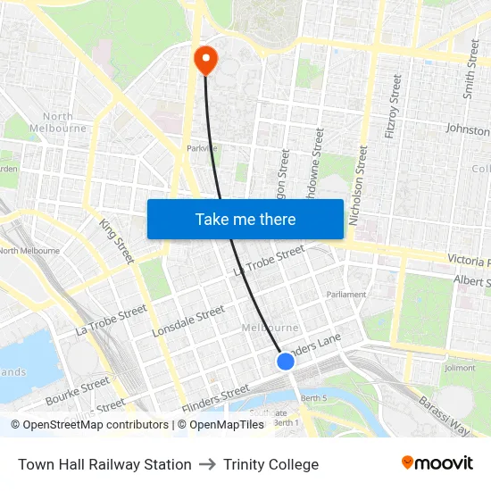 Town Hall Railway Station to Trinity College map