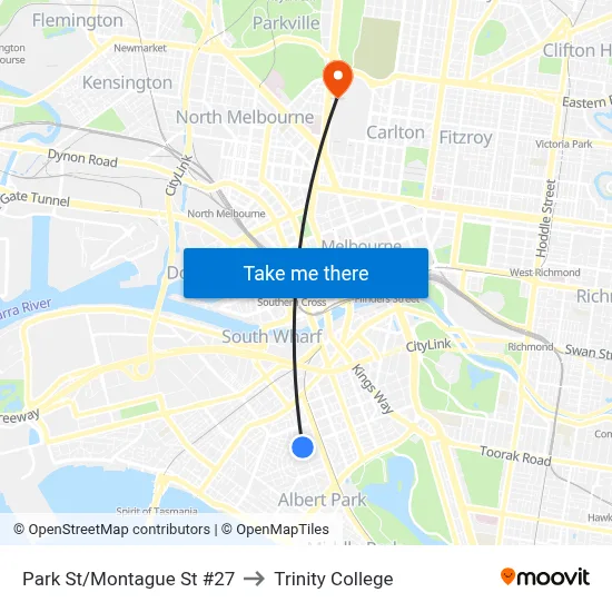 Park St/Montague St #27 to Trinity College map