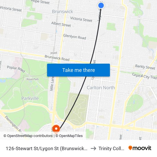 126-Stewart St/Lygon St (Brunswick East) to Trinity College map