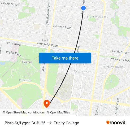 Blyth St/Lygon St #125 to Trinity College map