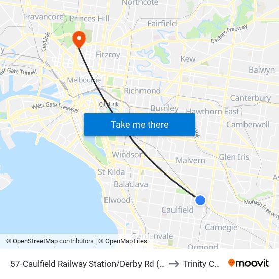 57-Caulfield Railway Station/Derby Rd (Caulfield East) to Trinity College map