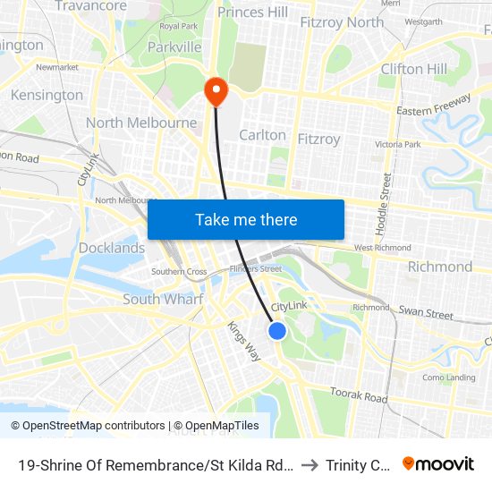 19-Shrine Of Remembrance/St Kilda Rd (Melbourne City) to Trinity College map