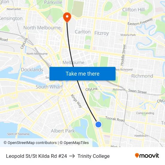 Leopold St/St Kilda Rd #24 to Trinity College map