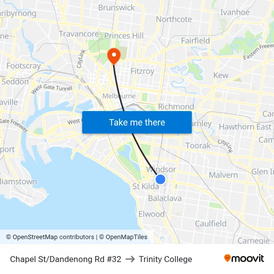 Chapel St/Dandenong Rd #32 to Trinity College map
