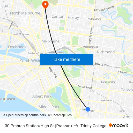 Prahran Station/High St #30 to Trinity College map