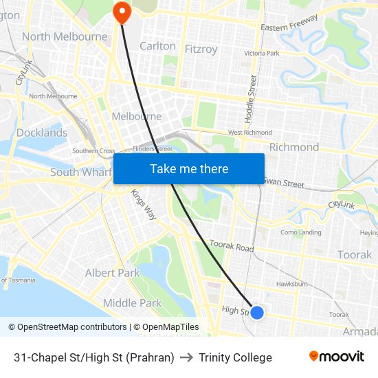 31-Chapel St/High St (Prahran) to Trinity College map