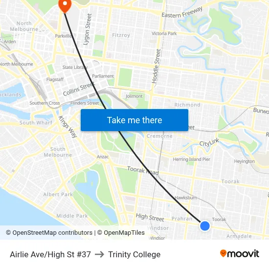 Airlie Ave/High St #37 to Trinity College map