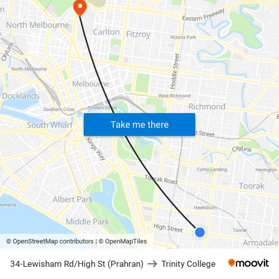 34-Lewisham Rd/High St (Prahran) to Trinity College map