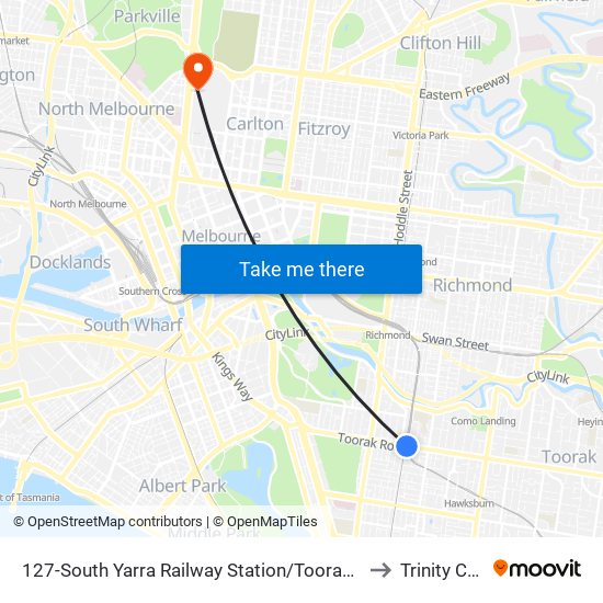 127-South Yarra Railway Station/Toorak Rd (South Yarra) to Trinity College map