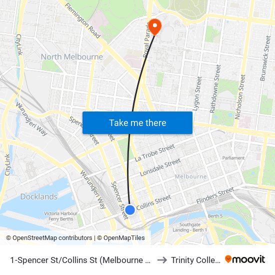 1-Spencer St/Collins St (Melbourne City) to Trinity College map