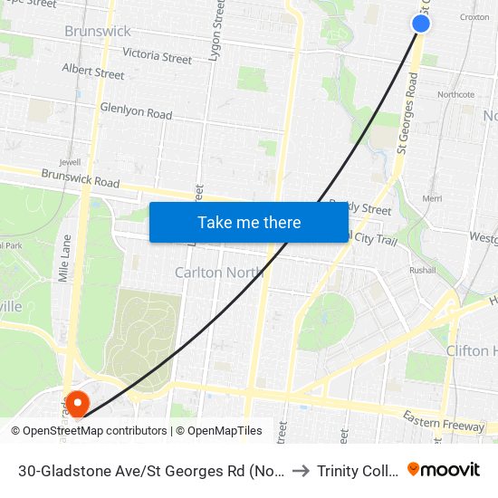 30-Gladstone Ave/St Georges Rd (Northcote) to Trinity College map