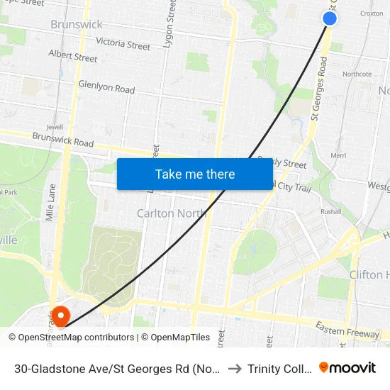 Gladstone Ave/St Georges Rd #30 to Trinity College map