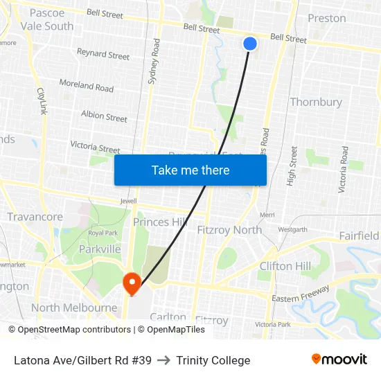 Latona Ave/Gilbert Rd #39 to Trinity College map