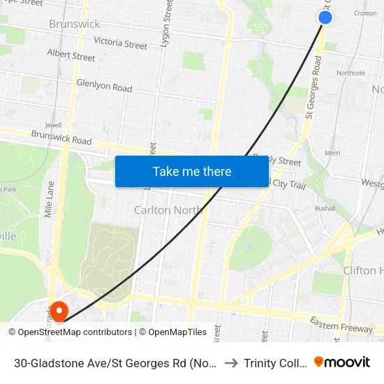 Gladstone Ave/St Georges Rd #30 to Trinity College map