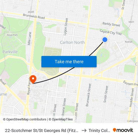 22-Scotchmer St/St Georges Rd (Fitzroy North) to Trinity College map