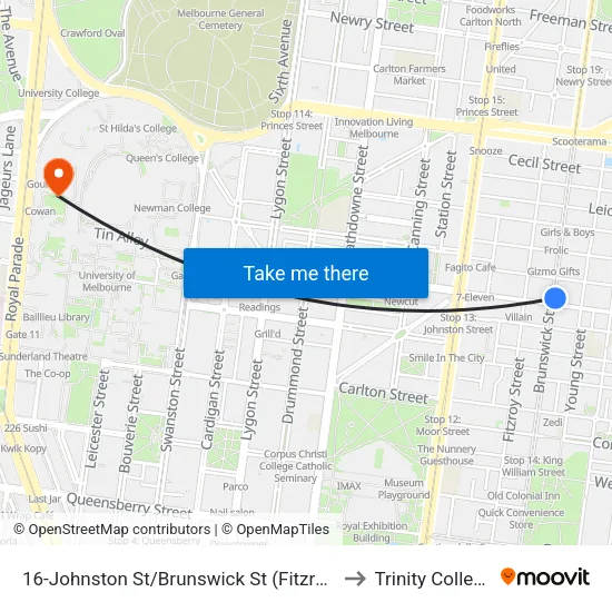 Johnston St/Brunswick St #16 to Trinity College map