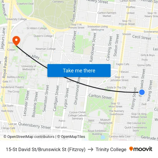 St David St/Brunswick St #15 to Trinity College map