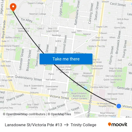 Lansdowne St/Victoria Pde #13 to Trinity College map