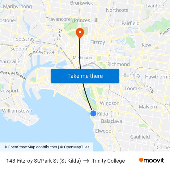 143-Fitzroy St/Park St (St Kilda) to Trinity College map