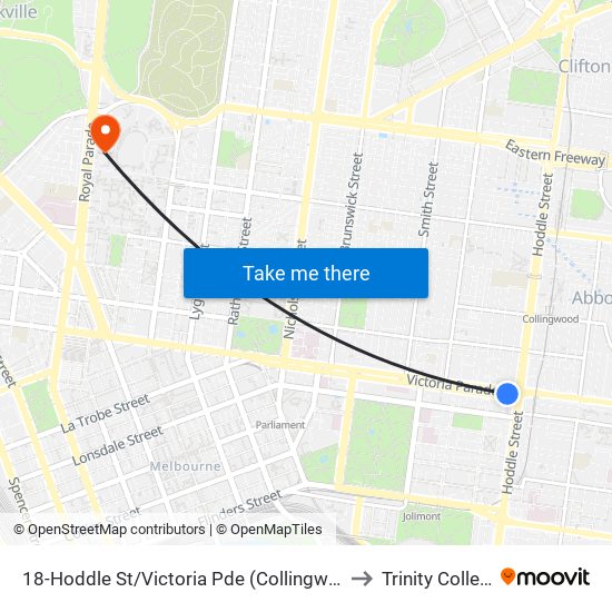 18-Hoddle St/Victoria Pde (Collingwood) to Trinity College map