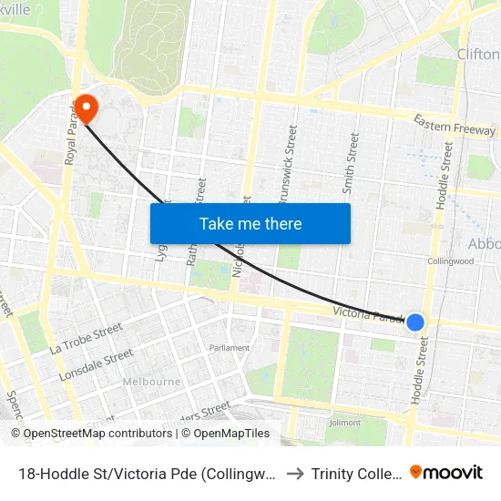 Hoddle St/Victoria Pde #18 to Trinity College map