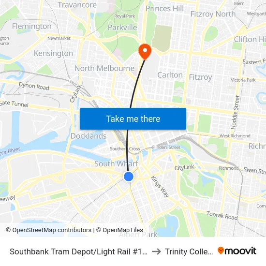 Southbank Tram Depot/Light Rail #125a to Trinity College map