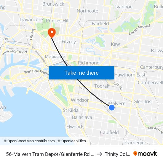 56-Malvern Tram Depot/Glenferrie Rd (Malvern) to Trinity College map