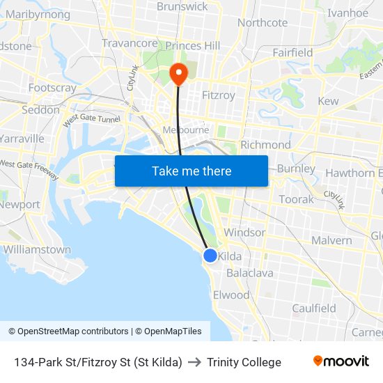 134-Park St/Fitzroy St (St Kilda) to Trinity College map