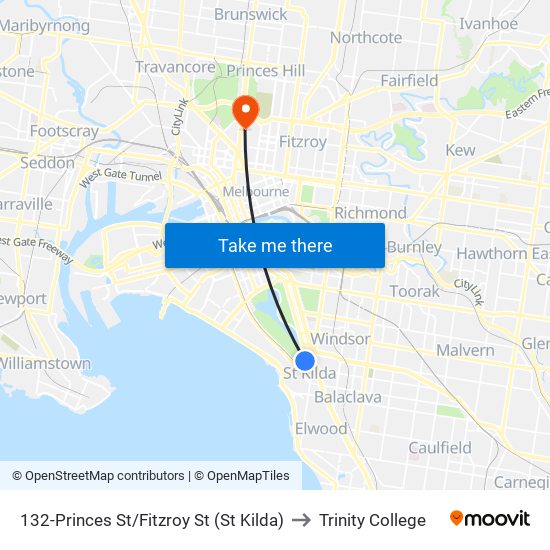 132-Princes St/Fitzroy St (St Kilda) to Trinity College map